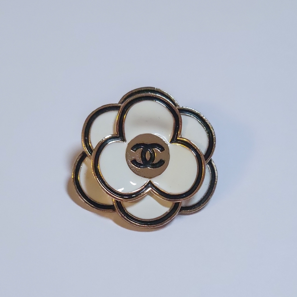 Authentic CHANEL Camellia Button Charm • Enamel Flower • Black CC Gold-tone Pin